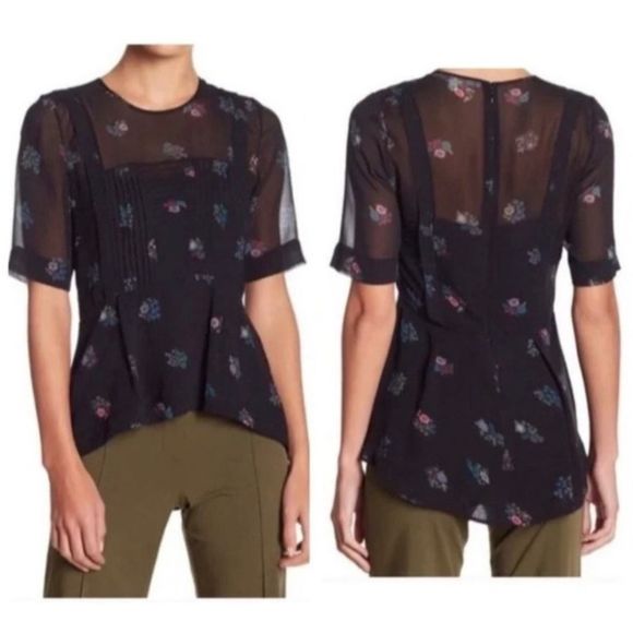 Veronica Beard Braden Papyrus Pintuck Sheer Chiffon Peplum Top size 4 - Picture 2 of 10